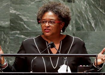 Barbados Prime Minister and Minister for National Security and the Civil Service Mia Amor Mottley speaks at the UN General Assembly 76th session General Debate in UN General Assembly Hall at the United Nations Headquarters in New York City, New York, U.S., September 24, 2021. John Angelillo/Pool via REUTERS