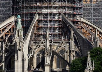 A view shows the scaffolding around the Notre-Dame de Paris Cathedral as work continues