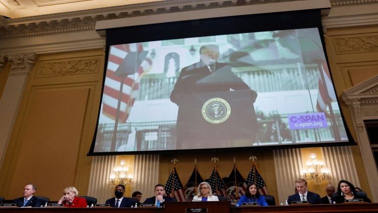 Former US President Donald Trump is seen on a screen during a public hearing of the US House Select Committee to investigate the January 6 Attack on the US Capitol, on Capitol Hill, in Washington, July 21, 2022.