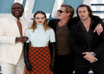 Actors Brian Tyree Henry, Joey King, Brad Pitt and Aaron Taylor-Johnson arrive at the UK premiere of 'Bullet Train' in London, Britain July 20, 2022.