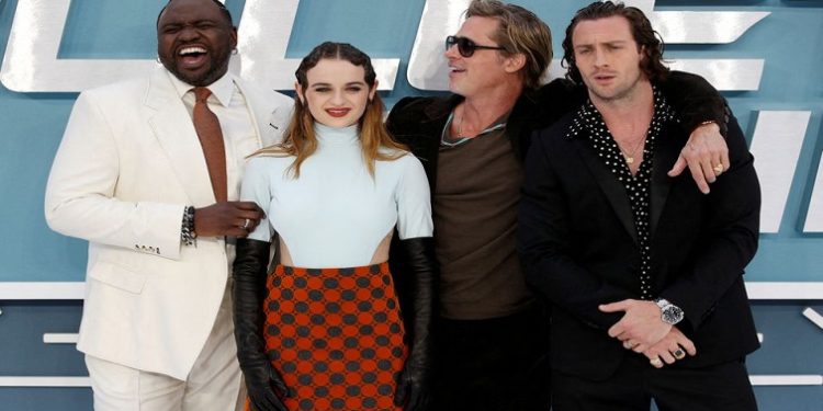 Actors Brian Tyree Henry, Joey King, Brad Pitt and Aaron Taylor-Johnson arrive at the UK premiere of 'Bullet Train' in London, Britain July 20, 2022.