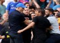 Chelsea manager Thomas Tuchel clashes with Tottenham Hotspur manager Antonio Conte after the Chelsea v Tottenham Hotspur match at Stamford Bridge in London, Britain on August 14, 2022.