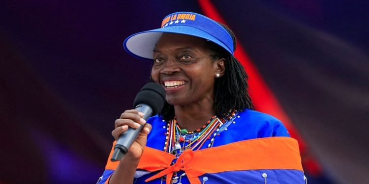 Martha Karua, the running mate to Kenya's opposition leader and presidential candidate Raila Odinga of the Azimio la Umoja (Declaration of Unity) party addresses a campaign rally ahead of the forthcoming general election in the Rift Valley town of Suswa, Narok county, Kenya July 30, 2022.