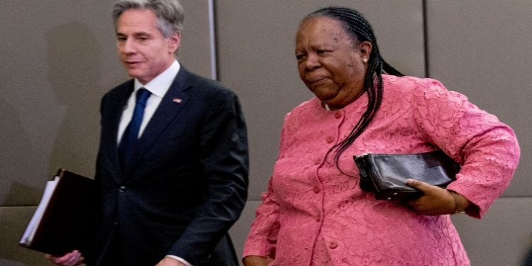 US Secretary of State Antony Blinken and South Africa's Foreign Minister Naledi Pandor depart following a news conference after a meeting at the South African Department of International Relations and Cooperation, in Pretoria, South Africa, August 8, 2022.