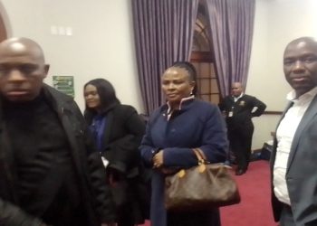 Suspended Public Protector Busisiwe Mkhwebane (centre) outside Committee Room M46 where the Section 194 Parliamentary Inquiry into  her fitness to hold office is being investigated, captured on 15 July 2022