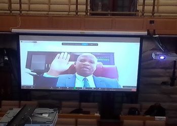 Senior Manager for Executive Support in the office of the Public Protector Futana Tebele, taking an oath virtually as seen on the screen, to testify in the Section 194 Inquiry into suspended Public Protector Busisiwe Mkhwebane's fitness to hold office, taking place from Committee Room M46, captured on 3 August