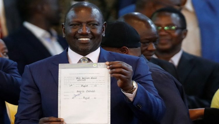 Kenya's Deputy President William Ruto and presidential candidate for the United Democratic Alliance (UDA) and Kenya Kwanza political coalition, poses for a picture after being declared the winner of Kenya's presidential election
