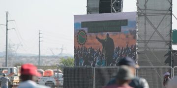 A stage with a big screen can be seen at the 10th Marikana commemoration in the North West.