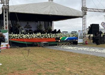 A flag draped casket can be seen at the funeral service of the fifty-six-year-old Moses Maluleke, August 2, 2022.