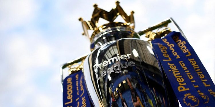 General view of the Premier League trophy before the match.