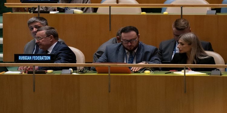 Delegates from Russia attend the Nuclear Non-Proliferation Treaty review conference in New York City, New York, US, August 1, 2022.