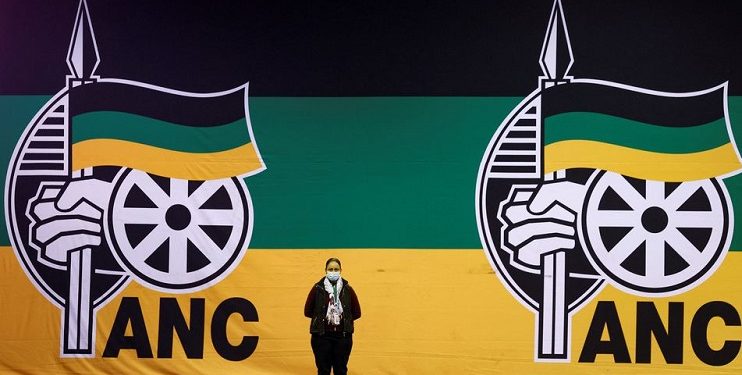 A delegate looks on as the ANC holds a national policy conference at the Nasrec Expo Centre in Johannesburg, South Africa, July 2022
