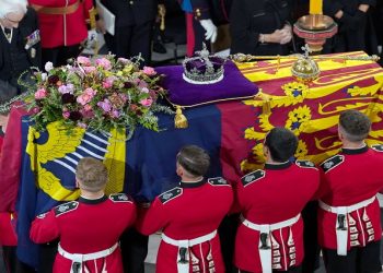 The bearer party with the coffin of UK Queen Elizabeth II as it is taken from Westminster Abbey, London at the end of service during the State Funeral of the late monarch, Monday September 19, 2022