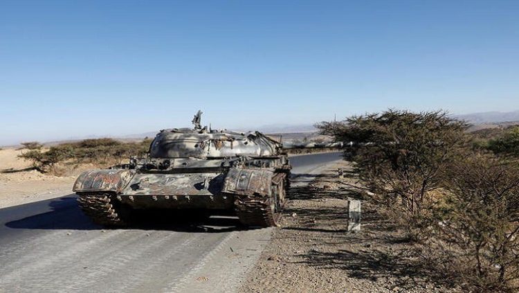 [File Photo] A damaged Eritrean military tank is seen near the town of Wikro, Ethiopia, March 14, 2021.