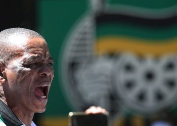 Ace Magashule, the secretary general of South Africa's ruling African National Congress addresses University students during a protest outside Luthuli house