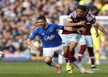 Everton's Neal Maupay in action with West Ham United's Pablo Fornals.