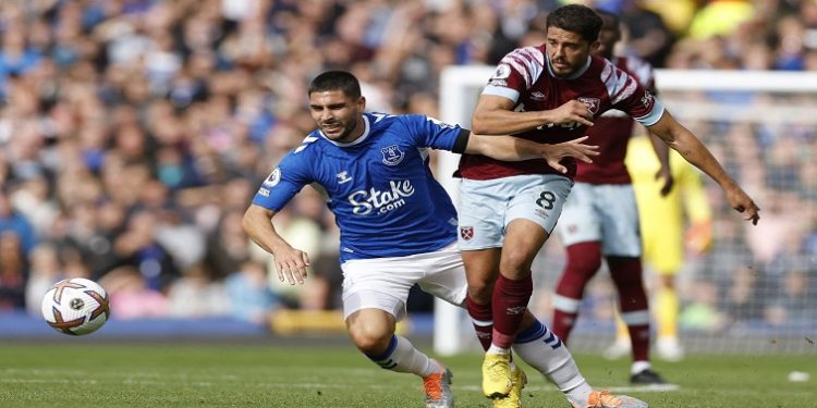 Everton's Neal Maupay in action with West Ham United's Pablo Fornals.