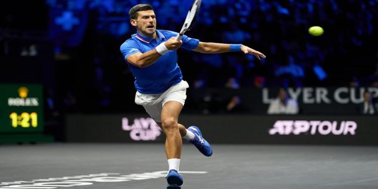 Novak Djokovic (SRB) plays a shot against Felix Auger-Aliassime (CAN) in Lavers Cup singles, Sep 25, London, United Kingdom, Sep 25, 2022.
