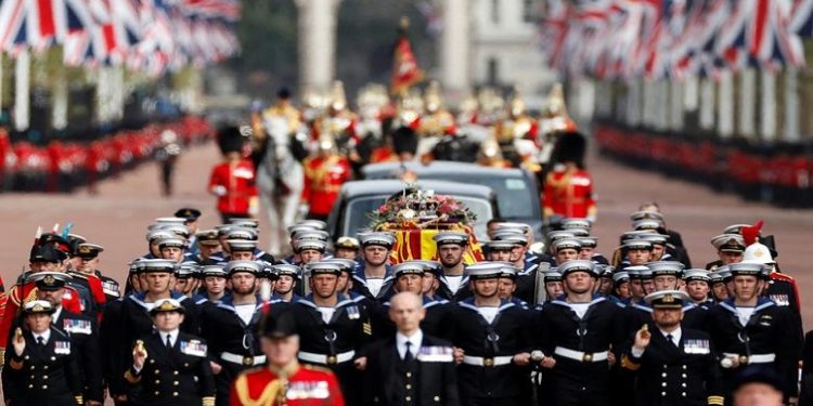 The coffin of UK Queen Elizabeth is transported following the service