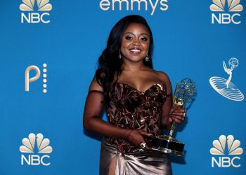 Quinta Brunson, winner of Outstanding Writing for a Comedy Series for “Abbott Elementary" holds her Emmy at the 74th Primetime Emmy Awards held at the Microsoft Theater.