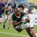 Springbok wing, Makazole Mapimpi scores a try during the 2019 Rugby World Cup.