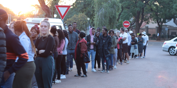 Students queue to vote during the 2021 Local Government Elections in Hatfield, Tshwane.
