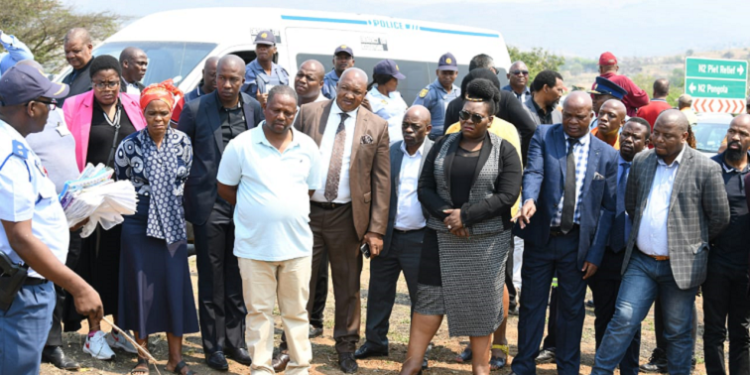 SAPS takes KwaZulu-Natal acting Premier, Nomagugu Simelane-Zulu through the accident scene where 20 people died when a truck collided with a bakkie carrying school children in uPhongolo.