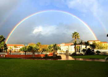Rainbows arch over he grounds of Stellenbosch University