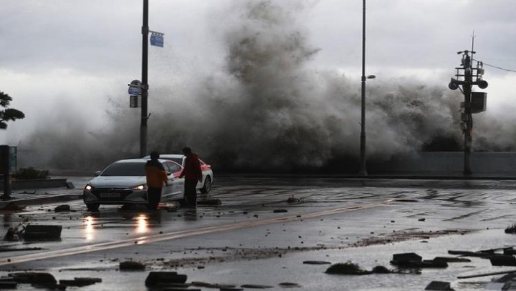A wave caused by Typhoon Hinnamnor hits the waterfront in Busan, South Korea, September 6, 2022.