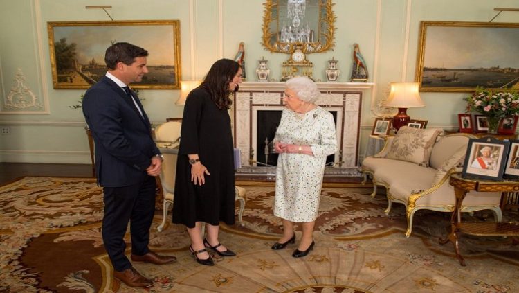 New Zealand's Prime Minister Jacinda Ardern and her partner Clarke Gayford are greeted by Britain's Queen Elizabeth during a private audience at Buckingham Palace, London April 19, 2018.
