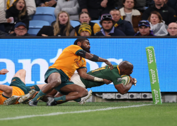 Springbok player Makazole Mapimpi scores a try against the Wallabies in Sydney, Australia, September 3, 2022.