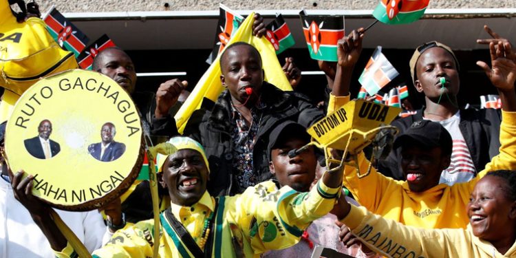 People chant slogans during the inauguration of Kenya's President William Ruto before his swearing-in ceremony at the Moi International Stadium Kasarani in Nairobi, Kenya September 13, 2022.