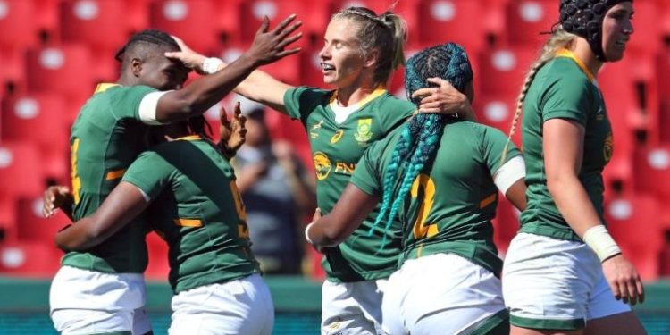 Springbok women payers celebrate in their match against Spain