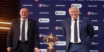 Palais Brongniart, Paris, France - December 14, 2020 Vice-Chairman of World Rugby Bernard Laporte and Claude Atcher pose after the draw