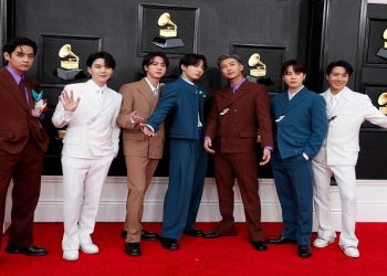 BTS pose on the red carpet as they attend the 64th Annual Grammy Awards at the MGM Grand Garden Arena in Las Vegas, Nevada, US, April 3, 2022