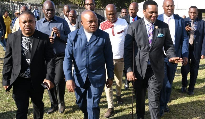 King Misuzulu KaZwelithini with then-KZN Premier Sihle Zikalala and other officials in Nazareth following floods in April 2022 in KZN