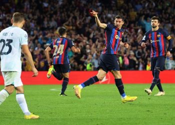 FC Barcelona's Robert Lewandowski celebrates scoring their second goal.