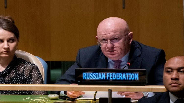 Russian Ambassador to the UN Vassily Nebenzia addresses members of the General Assembly prior to a vote on a resolution condemning the annexation of parts of Ukraine by Russia, amid Russia's invasion of Ukraine, at the United Nations Headquarters in New York City, New York, US, October 12, 2022.