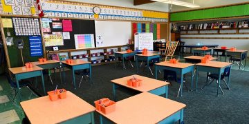 A classroom awaits students at a school, September 14, 2020.
