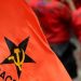 A SACP flag is seen during a march.