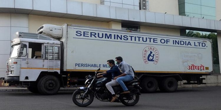 A supply truck of India's Serum Institute, the world's largest maker of vaccines.