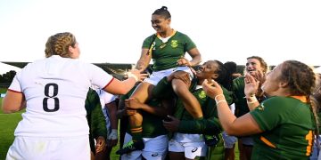 Teammates join in song and dance as they celebrate Springbok's Zenay Jordaan's 13 year long career and her exit from the team at their last game against England at the Rugby World Cup 2022 on Sunday.