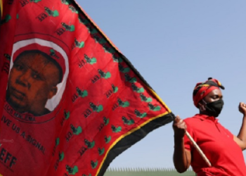 A woman holding an EFF flag at an event