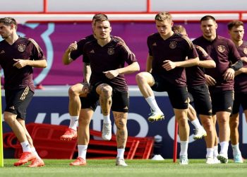 File |  Germany's David Raum with teammates during training