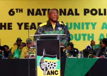 ANC President Cyril Ramaphosa gives an opening address during the African National Congress (ANC) national policy conference at the Nasrec Expo Centre in Johannesburg