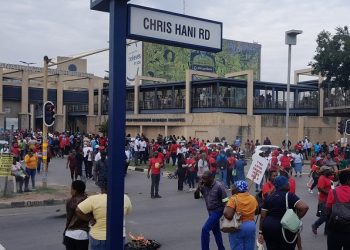 Striking public servants affiliated to several unions are seen blocking entrances to Bara Hospital on Chris Hani Road in Soweto on 22 November 2022.