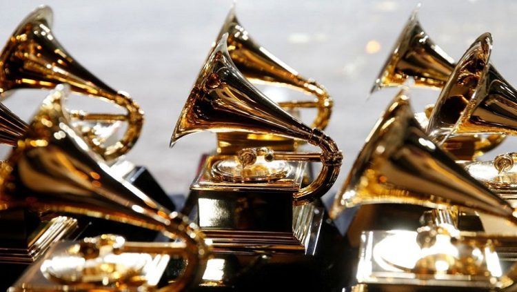 Grammy Awards trophies are displayed backstage during the pre-telecast.