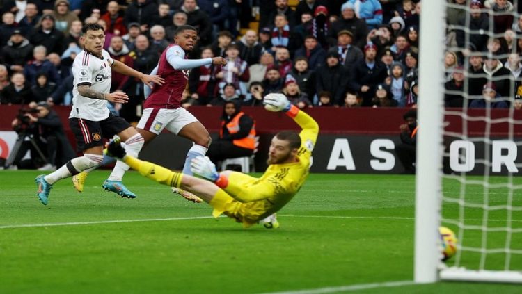 Aston Villa's Leon Bailey scores their first goal.