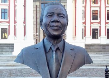 Statue of late former President Nelson Mandela seen in front of the National Assembly Building in Cape Town, captured at Parliament on 16  July 2021.