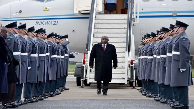 President Cyril Ramaphosa is seen arriving at the Stansted Airport in London on 21 November 2022 ahead of his state visit in the United Kingdom.